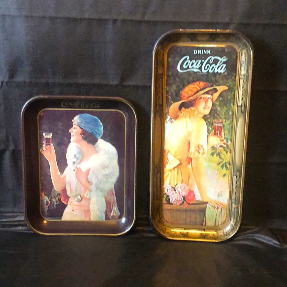 Coca-Cola Gibson girl tin trays circa 1970; rare party girl tray 1925 reprod